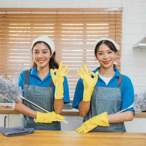 Cleaning service women in uniform stand on kitchen counter holding duster foggy spray and rag