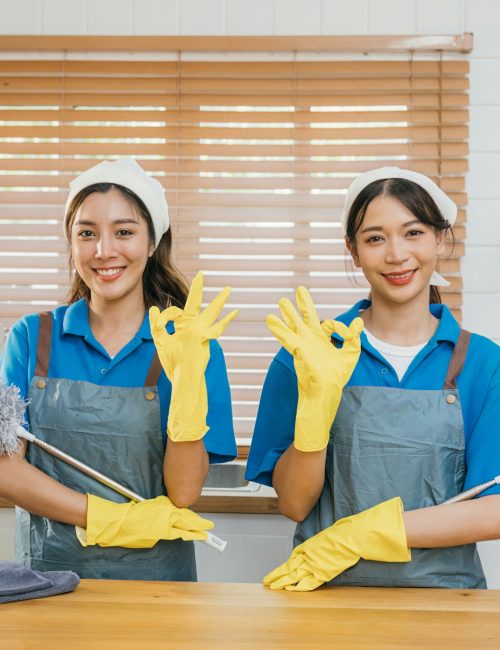 Cleaning service women in uniform stand on kitchen counter holding duster foggy spray and rag