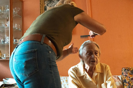 A caregiver helps an elderly person by combing their hair, highlighting a common early sign that personal grooming is becoming difficult and additional care may be needed.