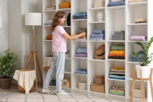 Woman organizing shelves with folded clothes in a tidy room, symbolizing how light housekeeping can restore order in an overwhelmed senior home.