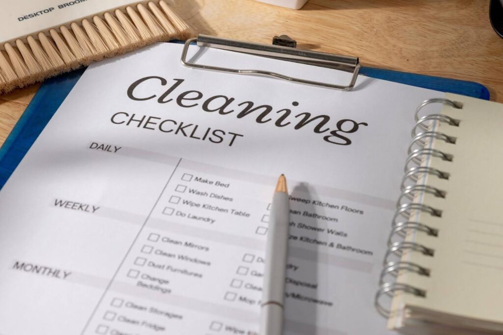 Close-up of a cleaning checklist on a clipboard with a pen and notebook, representing a weekly housekeeping checklist for seniors.