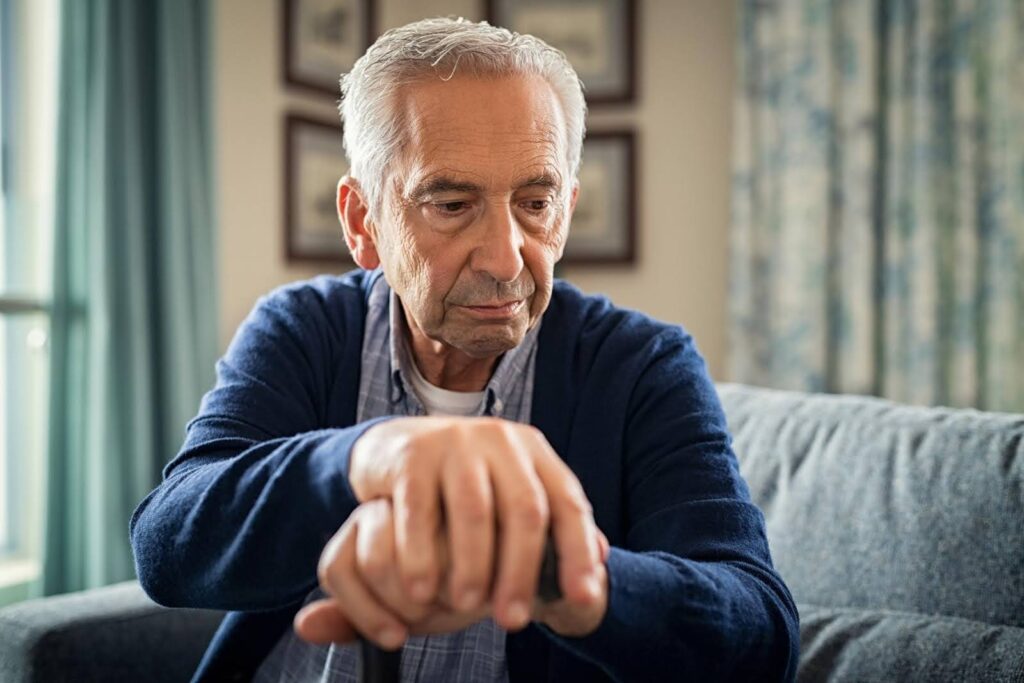 Elderly man sitting thoughtfully with his hands resting on a cane, representing the challenges families face when living far away from aging loved ones.