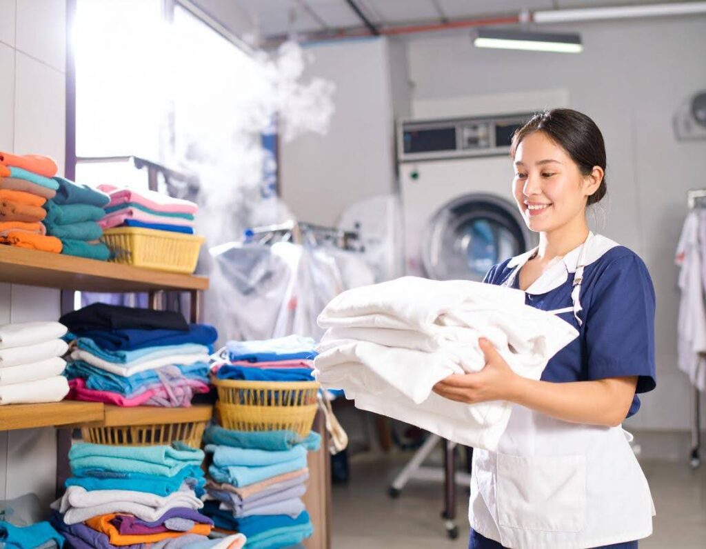 Caregiver in uniform smiling while holding freshly folded laundry in a tidy laundry room, representing compassionate and reliable housekeeping support for seniors at home.